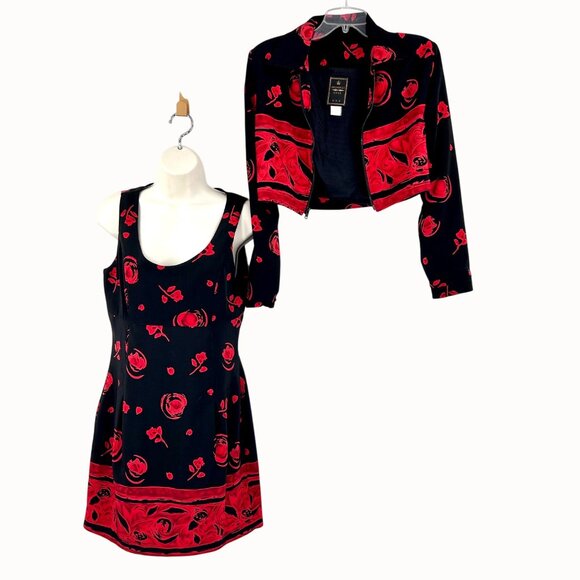 MEZMERIZE GOLD USA BLACK & RED ROSE PRINT SLEEVELESS DRESS W/ CROPPED JACKET - S - Picture 1 of 10
